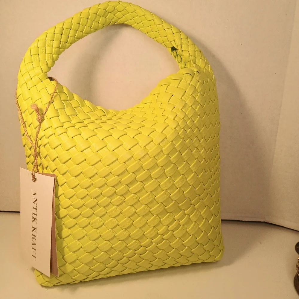 NWT Antik Kraft Bright Green Hand Woven Vegan Leather Boho Hobo Bag